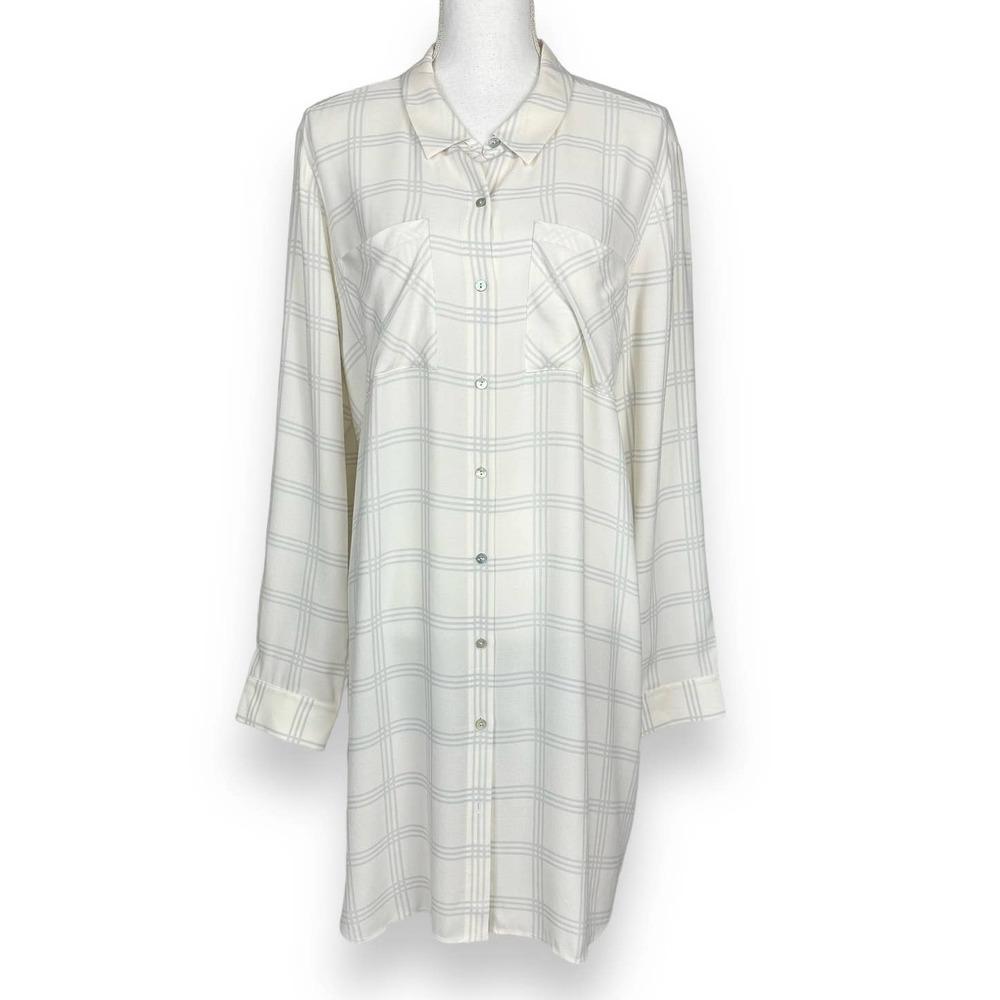 Eileen Fisher Silk White Window Pane Button Down Tunic